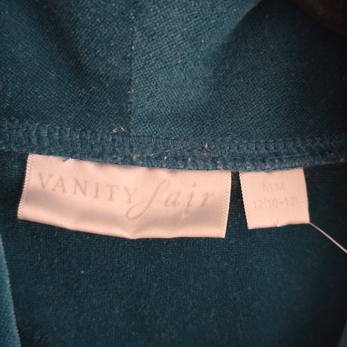Vintage Vanity Fair Floral Embroidered Teal Velour Zip Front Robe Housecoat - Size M