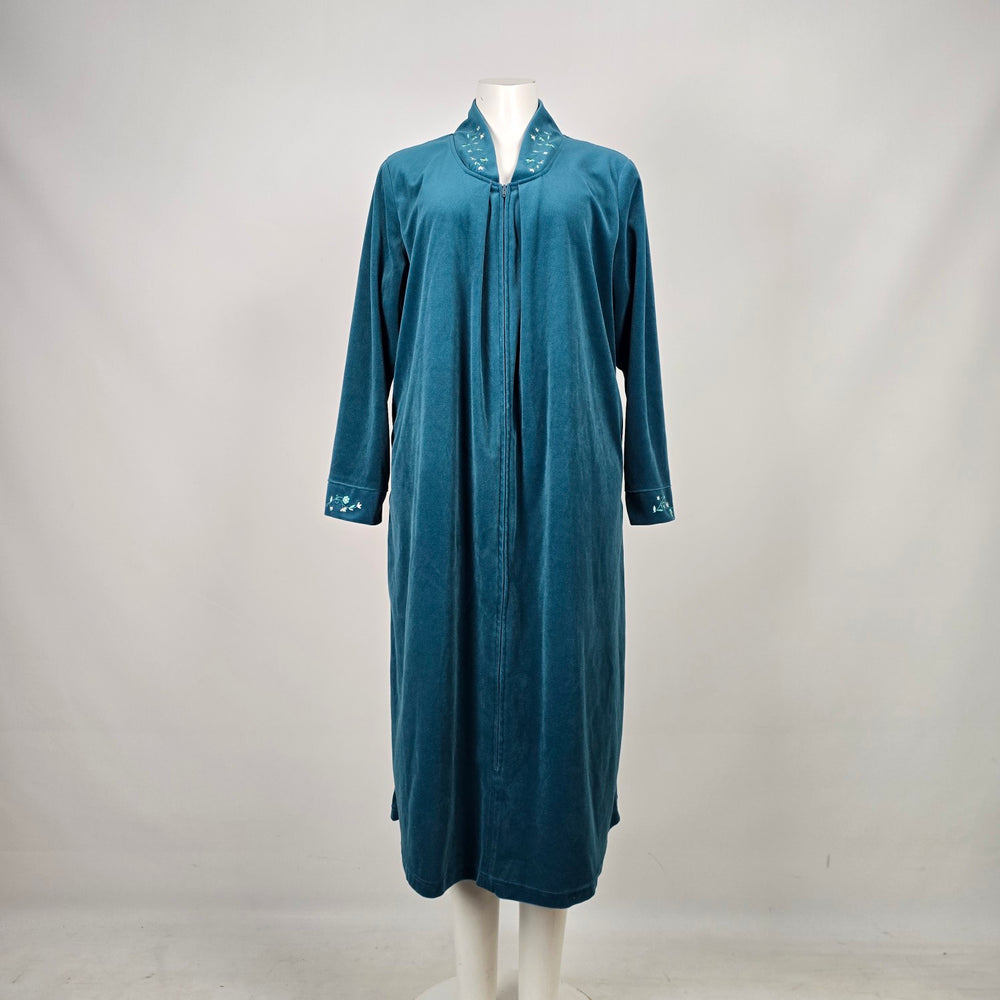 Vintage Vanity Fair Floral Embroidered Teal Velour Zip Front Robe Housecoat - Size M