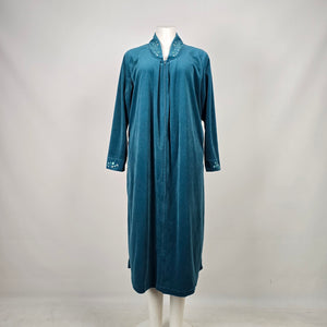 Vintage Vanity Fair Floral Embroidered Teal Velour Zip Front Robe Housecoat - Size M