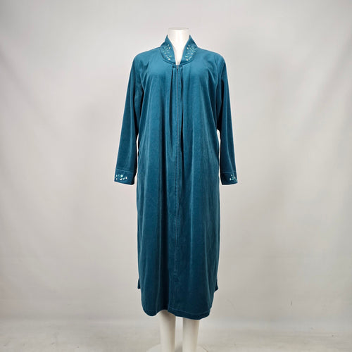 Vintage Vanity Fair Floral Embroidered Teal Velour Zip Front Robe Housecoat - Size M