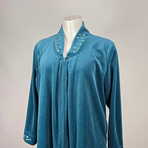 Vintage Vanity Fair Floral Embroidered Teal Velour Zip Front Robe Housecoat - Size M
