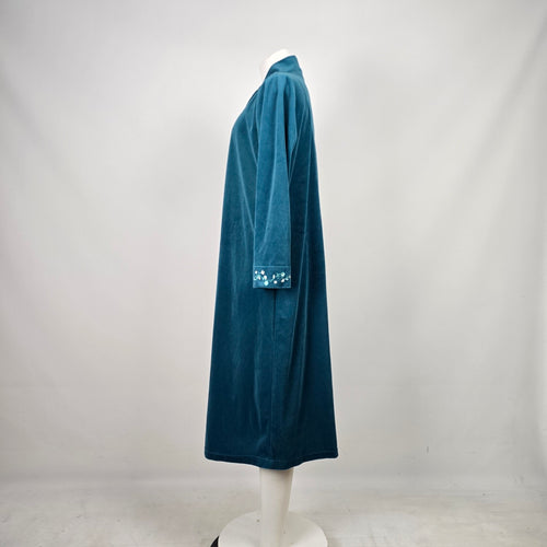 Vintage Vanity Fair Floral Embroidered Teal Velour Zip Front Robe Housecoat - Size M