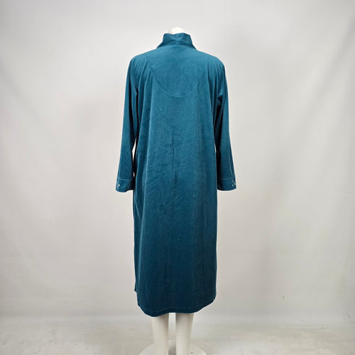 Vintage Vanity Fair Floral Embroidered Teal Velour Zip Front Robe Housecoat - Size M