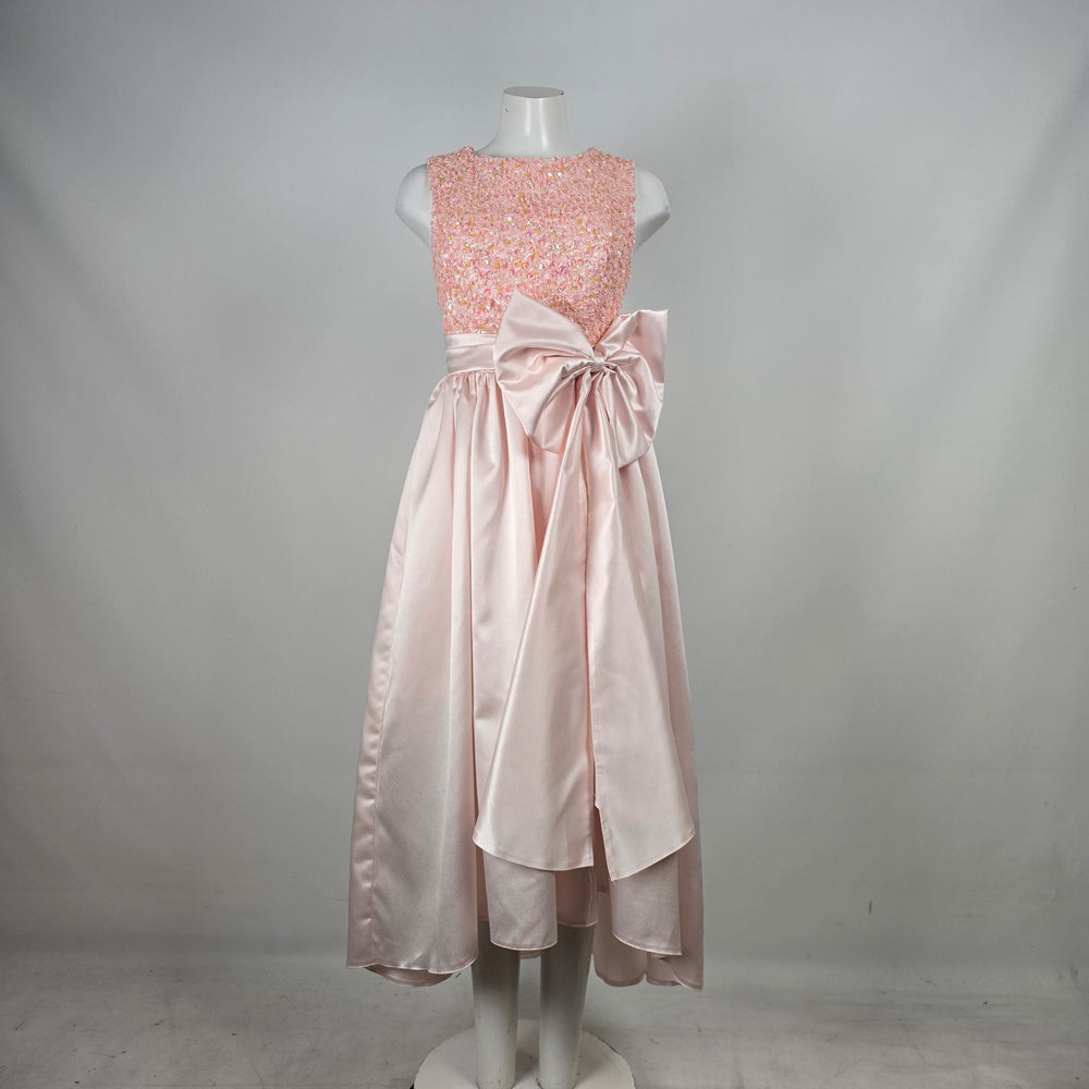 Bridess Pink Satin Beaded Sequin Formal Gown with Oversized Bow - Size S