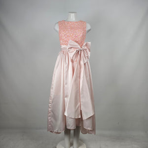 Bridess Pink Satin Beaded Sequin Formal Gown with Oversized Bow - Size S