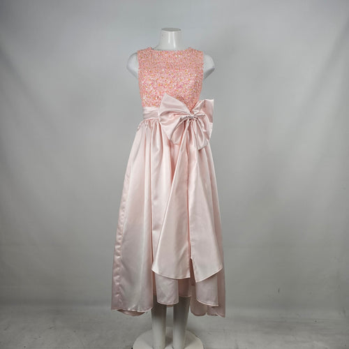 Bridess Pink Satin Beaded Sequin Formal Gown with Oversized Bow - Size S