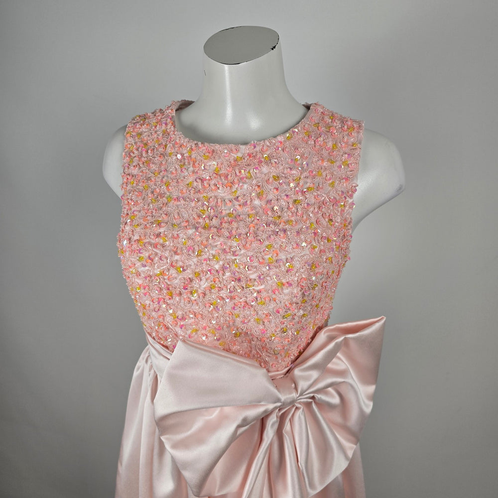 Bridess Pink Satin Beaded Sequin Formal Gown with Oversized Bow - Size S