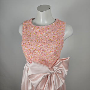 Bridess Pink Satin Beaded Sequin Formal Gown with Oversized Bow - Size S