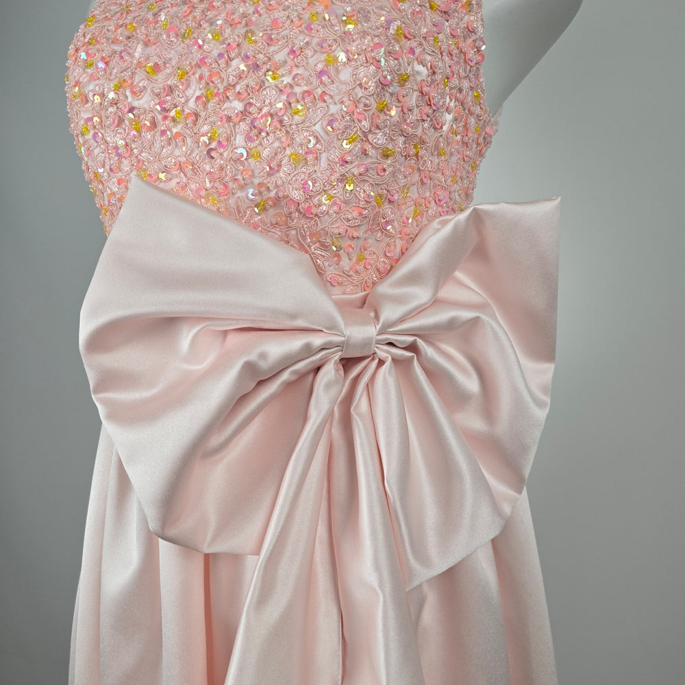 Bridess Pink Satin Beaded Sequin Formal Gown with Oversized Bow - Size S