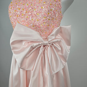 Bridess Pink Satin Beaded Sequin Formal Gown with Oversized Bow - Size S