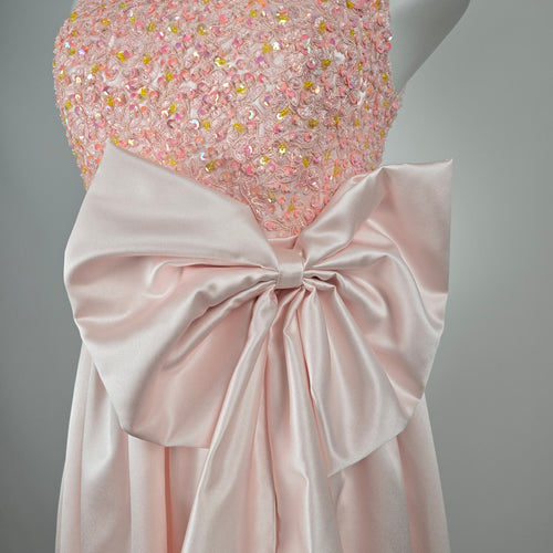 Bridess Pink Satin Beaded Sequin Formal Gown with Oversized Bow - Size S