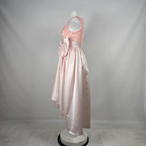 Bridess Pink Satin Beaded Sequin Formal Gown with Oversized Bow - Size S