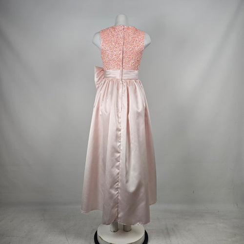 Bridess Pink Satin Beaded Sequin Formal Gown with Oversized Bow - Size S
