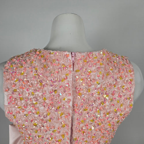 Bridess Pink Satin Beaded Sequin Formal Gown with Oversized Bow - Size S