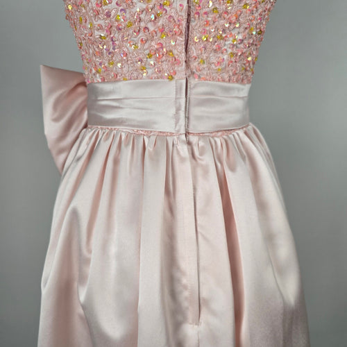 Bridess Pink Satin Beaded Sequin Formal Gown with Oversized Bow - Size S