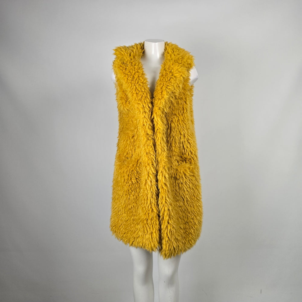 Betsey Johnson Mustard Yellow Shaggy Faux Fur Long Vest - Size M/L