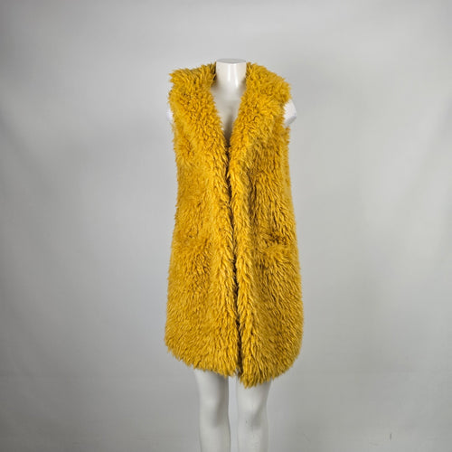 Betsey Johnson Mustard Yellow Shaggy Faux Fur Long Vest - Size M/L