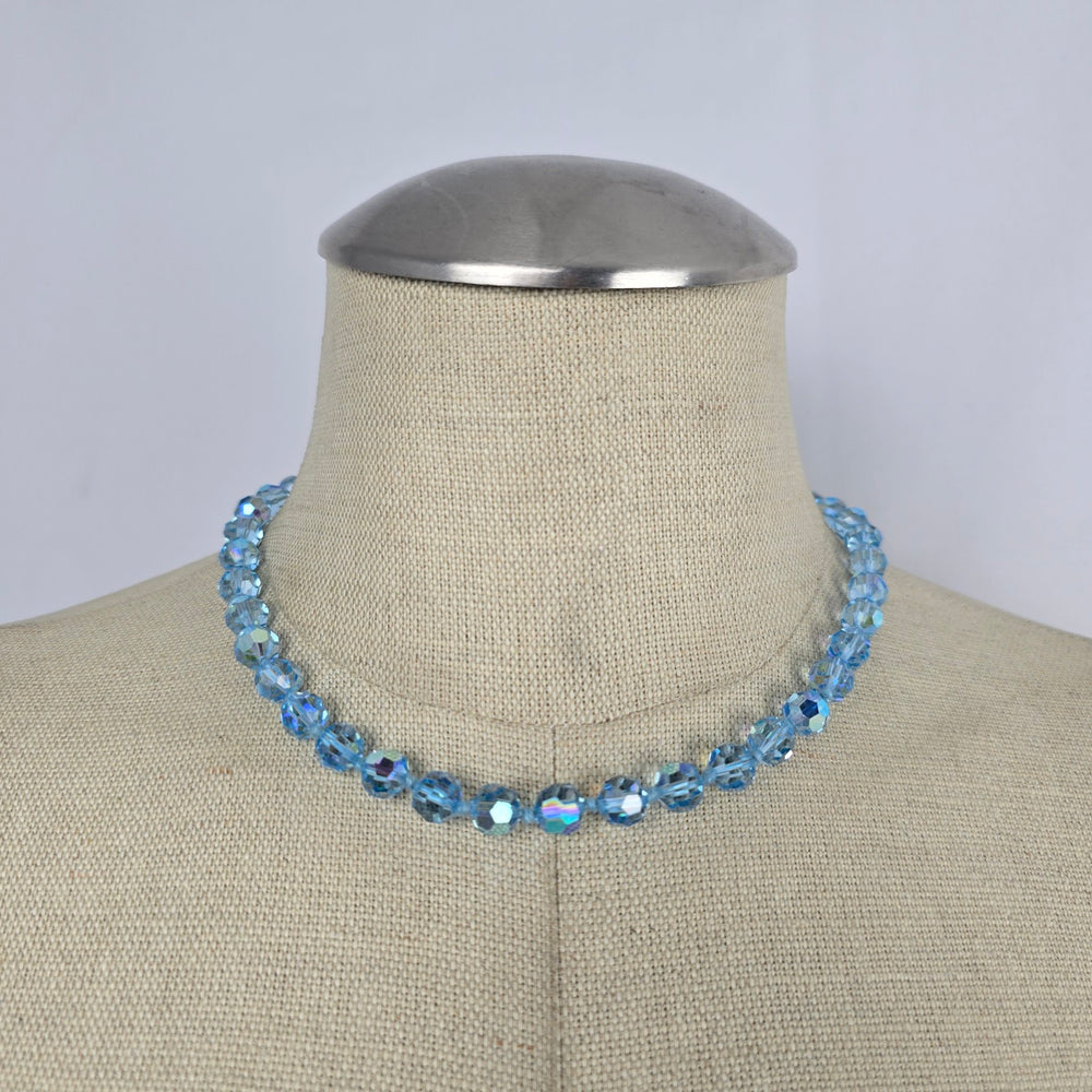 Vintage Aqua Blue Aurora Borealis Faceted Crystal Beaded Necklace Silver Tone
