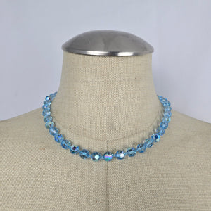 Vintage Aqua Blue Aurora Borealis Faceted Crystal Beaded Necklace Silver Tone
