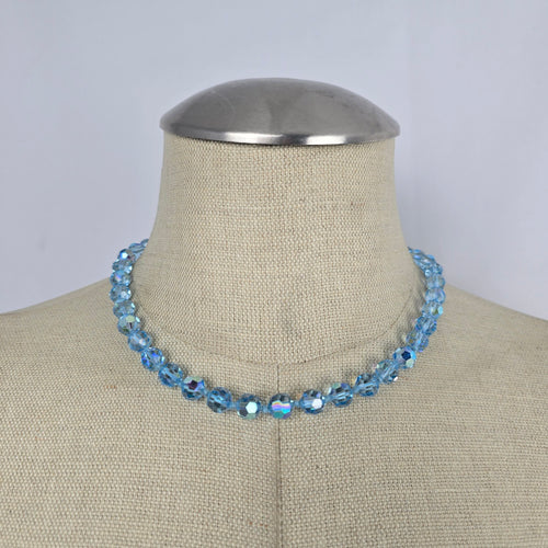 Vintage Aqua Blue Aurora Borealis Faceted Crystal Beaded Necklace Silver Tone