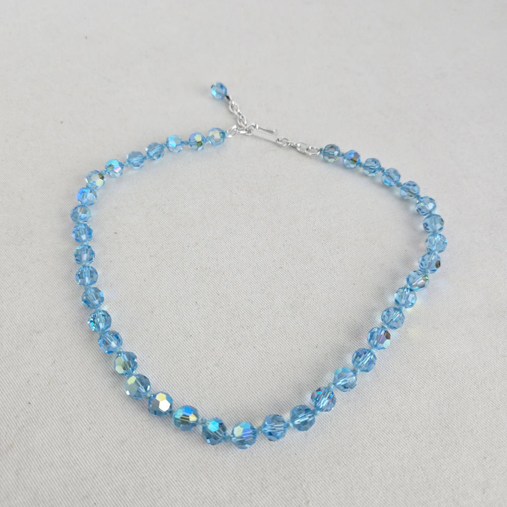 Vintage Aqua Blue Aurora Borealis Faceted Crystal Beaded Necklace Silver Tone