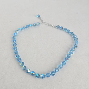 Vintage Aqua Blue Aurora Borealis Faceted Crystal Beaded Necklace Silver Tone