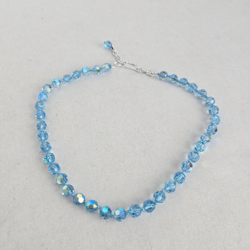 Vintage Aqua Blue Aurora Borealis Faceted Crystal Beaded Necklace Silver Tone