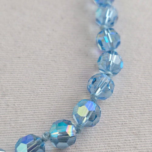 Vintage Aqua Blue Aurora Borealis Faceted Crystal Beaded Necklace Silver Tone