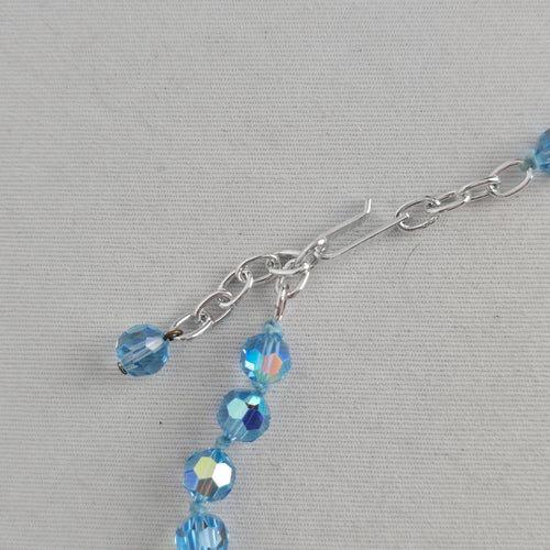Vintage Aqua Blue Aurora Borealis Faceted Crystal Beaded Necklace Silver Tone