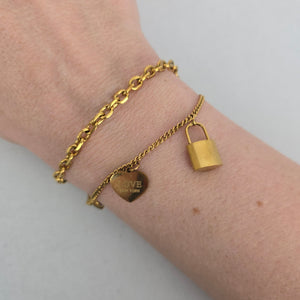 LOVE New York Gold Tone Double Chain Padlock Heart Charm Bracelet K18