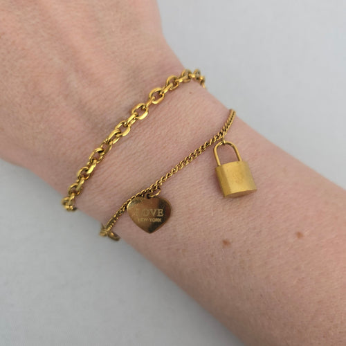 LOVE New York Gold Tone Double Chain Padlock Heart Charm Bracelet K18