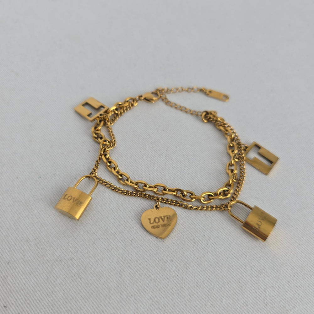 LOVE New York Gold Tone Double Chain Padlock Heart Charm Bracelet K18