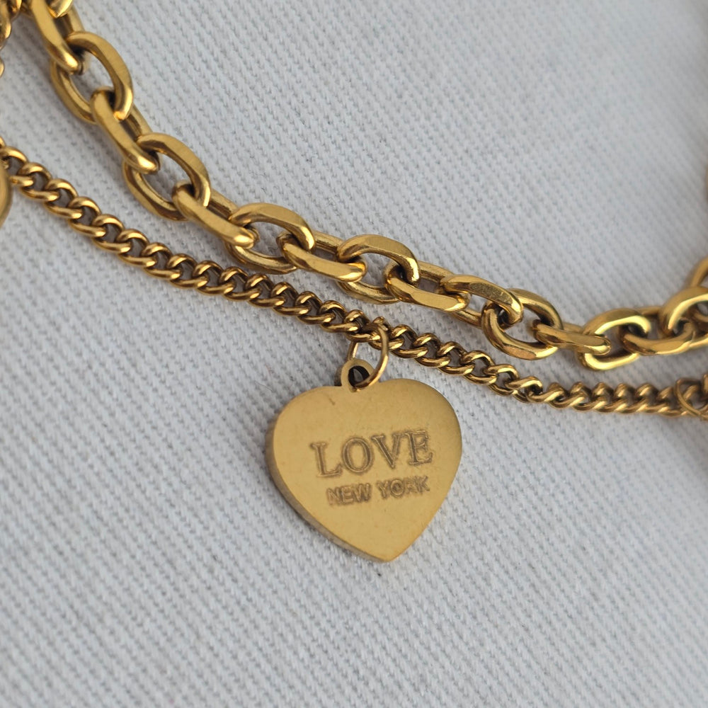 LOVE New York Gold Tone Double Chain Padlock Heart Charm Bracelet K18