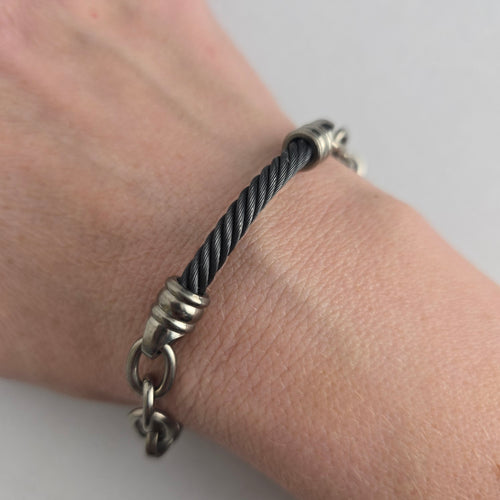 Black Twisted Cable Bracelet Silver Tone Ribbed Ends Titanium Clasp