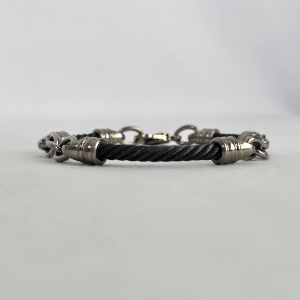 Black Twisted Cable Bracelet Silver Tone Ribbed Ends Titanium Clasp