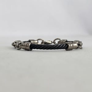 Black Twisted Cable Bracelet Silver Tone Ribbed Ends Titanium Clasp
