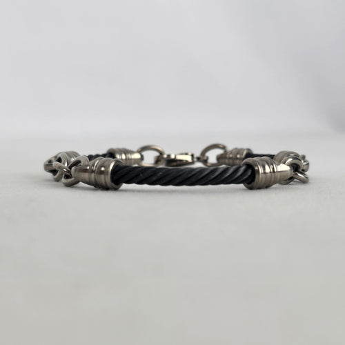 Black Twisted Cable Bracelet Silver Tone Ribbed Ends Titanium Clasp