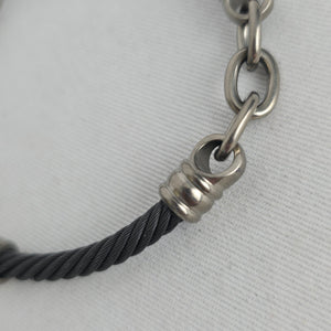 Black Twisted Cable Bracelet Silver Tone Ribbed Ends Titanium Clasp