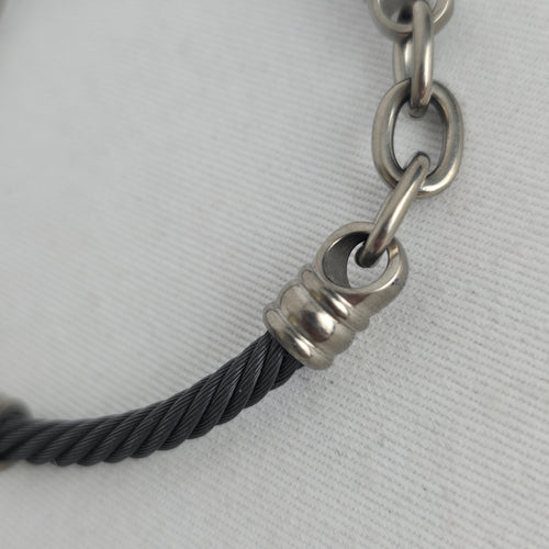 Black Twisted Cable Bracelet Silver Tone Ribbed Ends Titanium Clasp