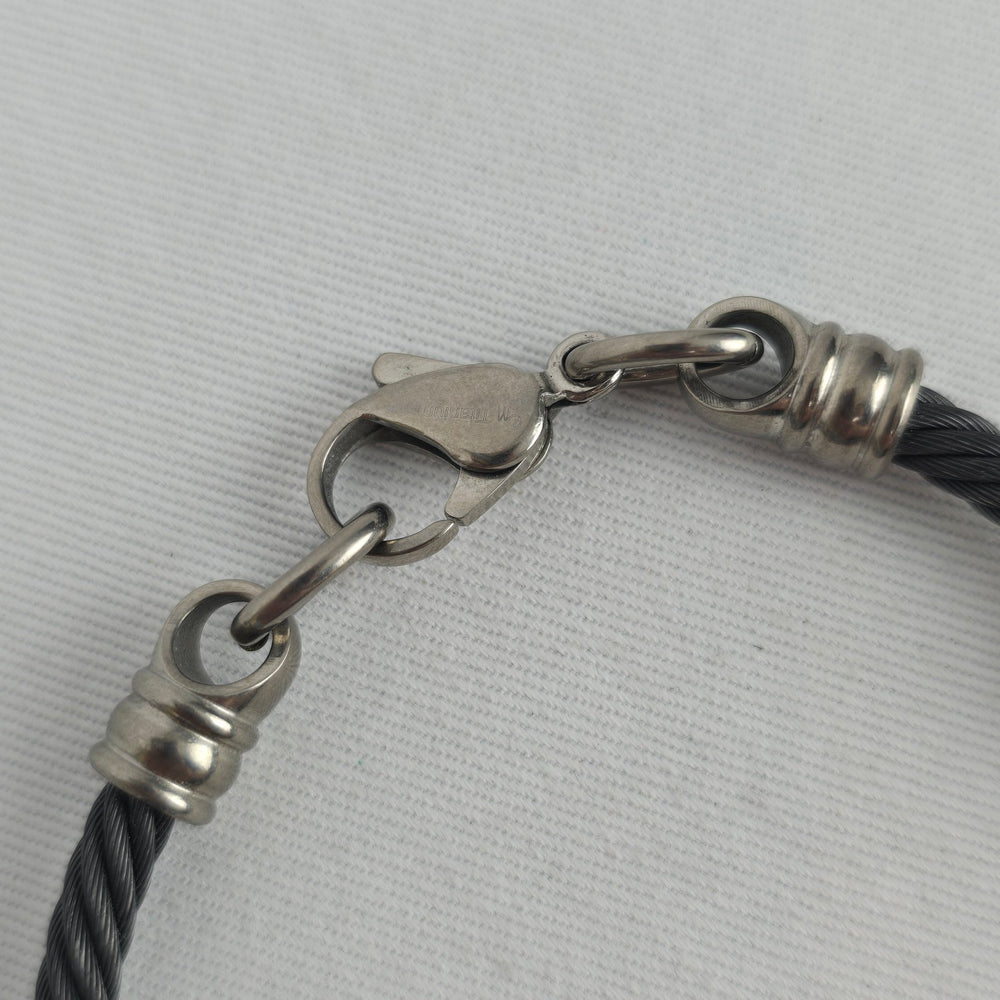 Black Twisted Cable Bracelet Silver Tone Ribbed Ends Titanium Clasp