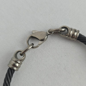 Black Twisted Cable Bracelet Silver Tone Ribbed Ends Titanium Clasp