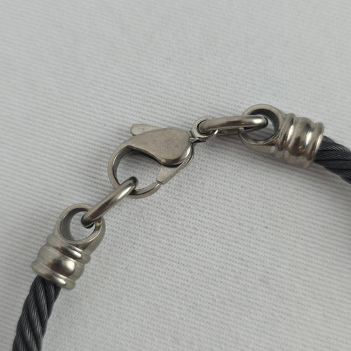Black Twisted Cable Bracelet Silver Tone Ribbed Ends Titanium Clasp
