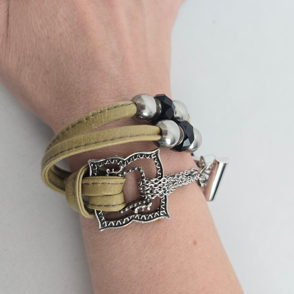 Fixation Tan Genuine Leather Beaded Bracelet Silver Tone Toggle Clasp