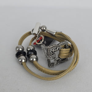 Fixation Tan Genuine Leather Beaded Bracelet Silver Tone Toggle Clasp