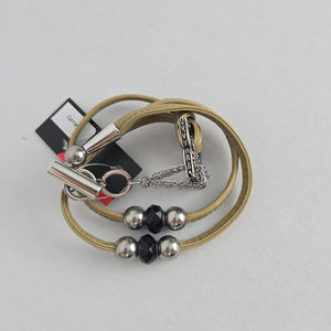 Fixation Tan Genuine Leather Beaded Bracelet Silver Tone Toggle Clasp