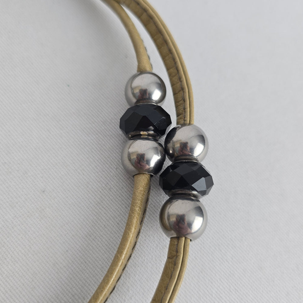 Fixation Tan Genuine Leather Beaded Bracelet Silver Tone Toggle Clasp