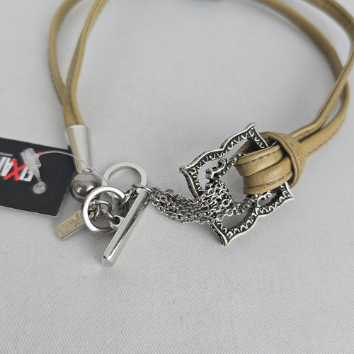 Fixation Tan Genuine Leather Beaded Bracelet Silver Tone Toggle Clasp