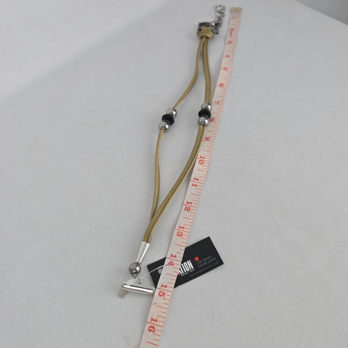 Fixation Tan Genuine Leather Beaded Bracelet Silver Tone Toggle Clasp
