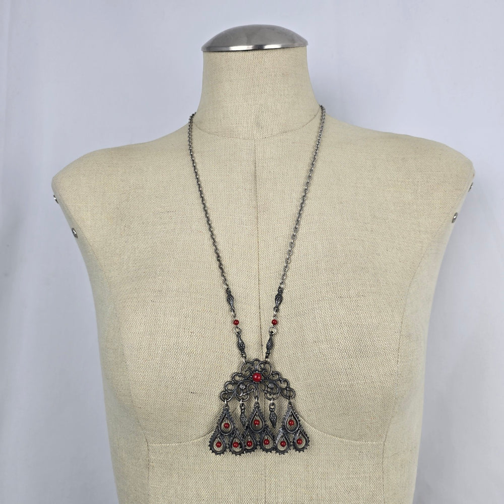 Vintage Silver Tone Filigree Pendant Necklace Red Bead Dangles