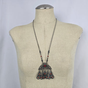 Vintage Silver Tone Filigree Pendant Necklace Red Bead Dangles